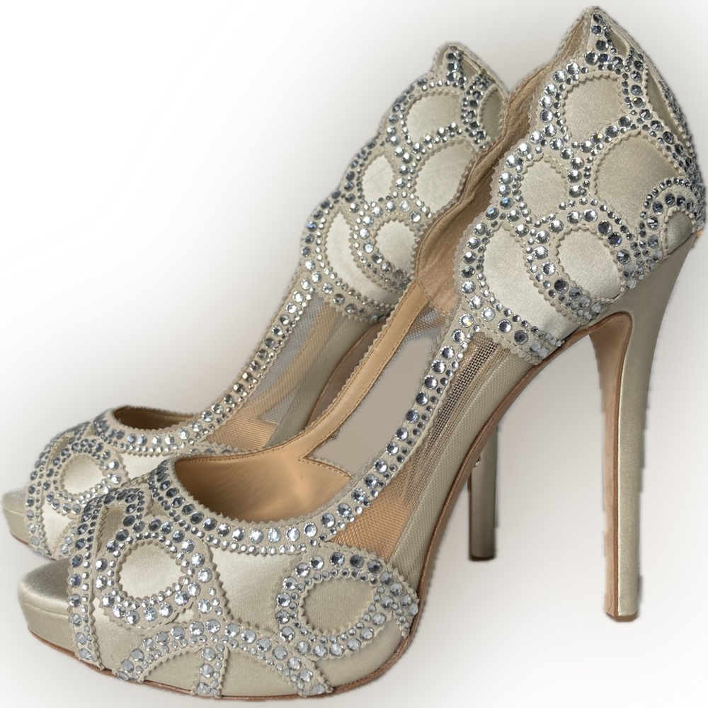 Badgley Mischka Witney Heel Womens 8.5 Ivory Satin Peep Toe Crystal Embellished